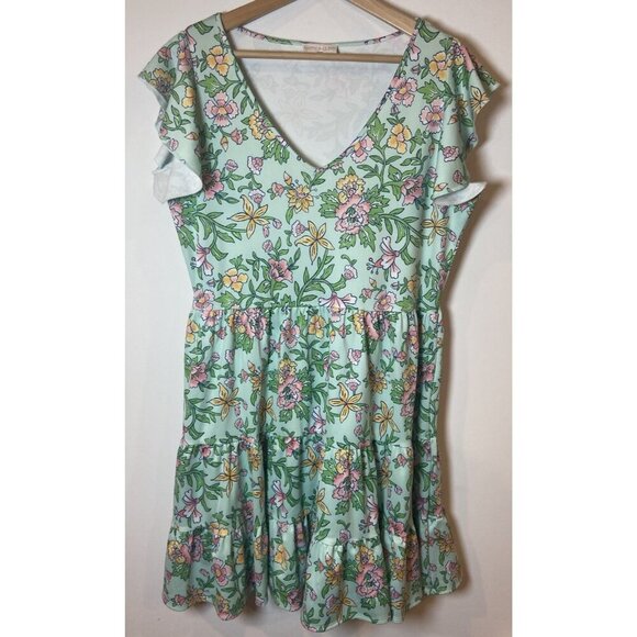 Smith & Quinn Dress Stretch Flutter Sleeve Green Pink Yellow Floral Large - Picture 1 of 5